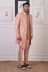 Shop_Ankur J_Peach Cotton With Silk Mesh Embroidery Mirror Asymmetric Sherwani Pant Set 