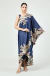 Buy_Anamika Khanna_Blue Embroidered Floral Cape One Shoulder And Draped Skirt Set _at_Aza_Fashions