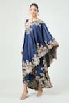 Buy_Anamika Khanna_Blue Embroidered Floral Cape One Shoulder And Draped Skirt Set _Online_at_Aza_Fashions