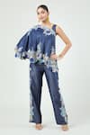 Buy_Anamika Khanna_Blue Denim Embroidered Floral Cape One Shoulder And Pant Set _at_Aza_Fashions