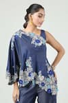 Buy_Anamika Khanna_Blue Denim Embroidered Floral Cape One Shoulder And Pant Set _Online_at_Aza_Fashions