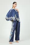 Buy_Anamika Khanna_Blue Denim Embroidered Floral Cape One Shoulder And Pant Set 