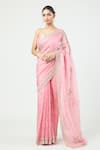 Anushree Reddy_Coral Organza Embroidered Zig Zag Bordered Saree With Unstitched Blouse Piece _Online_at_Aza_Fashions