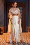 Ankur J_Cream Habutai Silk Embroidered Zardozi Scallop Cape With Draped Skirt Set _Online_at_Aza_Fashions