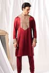 Shop_ARJUUN KILACHAND_Maroon Linen Silk Embroidered Marodi Neck Kurta With Churidar _at_Aza_Fashions