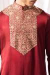 ARJUUN KILACHAND_Maroon Linen Silk Embroidered Marodi Neck Kurta With Churidar _Online_at_Aza_Fashions