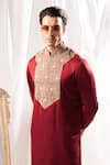 Buy_ARJUUN KILACHAND_Maroon Linen Silk Embroidered Marodi Neck Kurta With Churidar _Online_at_Aza_Fashions