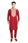 ARJUUN KILACHAND_Maroon Linen Silk Embroidered Marodi Neck Kurta With Churidar _at_Aza_Fashions