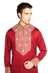 Shop_ARJUUN KILACHAND_Maroon Linen Silk Embroidered Marodi Neck Kurta With Churidar 