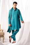 Buy_ARJUUN KILACHAND_Blue Linen Silk Embroidered French Knot Straight Kurta Set With Shawl _at_Aza_Fashions