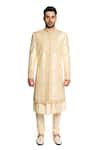 Buy_ARJUUN KILACHAND_Beige Raw Silk Embroidered Bead Motif Sherwani And Kurta Set _at_Aza_Fashions