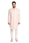 Buy_ARJUUN KILACHAND_Pink Linen Silk Embroidered Thread Sherwani With Pant _at_Aza_Fashions