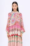 Buy_Siddhartha Bansal_Pink Crepe Printed Samsara Engineered Round High Neck Maybelline Dress _Online_at_Aza_Fashions