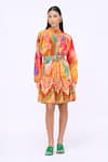 Siddhartha Bansal_Multi Color Cotton Poplin Printed Bed Of Roses Mandarin Collar Dress With Belt _Online_at_Aza_Fashions