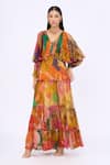 Buy_Siddhartha Bansal_Multi Color Crepe Printed Honeycomb V Neck Carnival Dress _at_Aza_Fashions