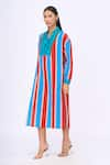 Buy_Siddhartha Bansal_Blue Linen Silk Printed Caban Stripe Sailor Collar Spicy Affair Dress _Online_at_Aza_Fashions