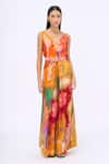 Buy_Siddhartha Bansal_Multi Color Crepe Printed Lotus V Neck Preen Jumpsuit With Belt _at_Aza_Fashions