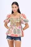 Buy_Siddhartha Bansal_Multi Color Cotton Poplin Printed Kaleidoscopic Square Neck Poet Peplum Top _Online_at_Aza_Fashions