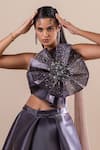 Buy_RAJ ARORA_Grey Fishnet Applique Floral Sweetheart Neck 3d Cropped Top With Lehenga _Online_at_Aza_Fashions