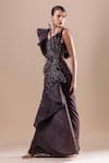 RAJ ARORA_Grey Hard Net And Lycra Embroidery Crystal V Neck Swarovski Draped Saree Gown _Online_at_Aza_Fashions