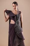 Buy_RAJ ARORA_Grey Hard Net And Lycra Embroidery Crystal V Neck Swarovski Draped Saree Gown 