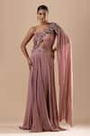 Buy_RAJ ARORA_Pink Georgette Embroidery Sequin Swarovski One Shoulder Draped Saree Gown _at_Aza_Fashions