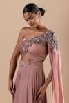 RAJ ARORA_Pink Georgette Embroidery Sequin Swarovski One Shoulder Draped Saree Gown _Online_at_Aza_Fashions