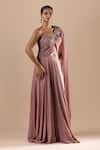 Shop_RAJ ARORA_Pink Georgette Embroidery Sequin Swarovski One Shoulder Draped Saree Gown _Online_at_Aza_Fashions