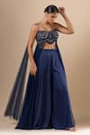 RAJ ARORA_Blue Armani Satin Embroidery Sequin Sweetheart Crystal Crop Top And Palazzo Set _at_Aza_Fashions