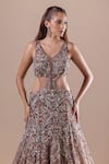 RAJ ARORA_Gold Net Embellished Crystal V Neck Swarovski Embroidered Gown _Online_at_Aza_Fashions