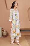 Bhawna Sethi_White Pure Cotton Silk Printed Floral Notched Pelican A-line Kurta And Pant Set _at_Aza_Fashions