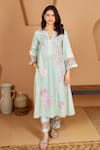 Buy_Bhawna Sethi_Green Pure Cotton Silk Printed Floral Notched Lovebird A-line Kurta And Pant Set _at_Aza_Fashions