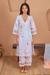 Buy_Bhawna Sethi_Blue Pure Cotton Silk Printed Floral Deep V Neck Bird A-line Kurta And Pant Set _at_Aza_Fashions