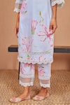 Buy_Bhawna Sethi_Blue Pure Cotton Silk Printed Floral Deep V Neck Bird A-line Kurta And Pant Set _Online_at_Aza_Fashions