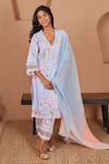 Shop_Bhawna Sethi_Blue Pure Cotton Silk Printed Floral Deep V Neck Bird A-line Kurta And Pant Set _Online_at_Aza_Fashions