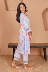 Shop_Bhawna Sethi_Blue Kurta And Pant Pure Cotton Silk Printed Floral Deep V Bird A-line Set 