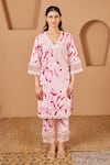 Buy_Bhawna Sethi_Pink Pure Cotton Silk Printed Floral Deep V Rosella A-line Kurta And Pant Set _at_Aza_Fashions