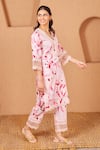 Bhawna Sethi_Pink Pure Cotton Silk Printed Floral Deep V Rosella A-line Kurta And Pant Set _at_Aza_Fashions