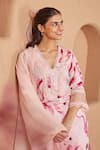 Shop_Bhawna Sethi_Pink Kurta And Pant Pure Cotton Silk Printed Floral Deep V Rosella A-line Set _Online_at_Aza_Fashions