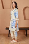 Bhawna Sethi_Yellow Pure Cotton Silk Printed Floral Deep V Canary A-line Kurta And Pant Set _Online_at_Aza_Fashions