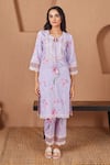 Buy_Bhawna Sethi_Purple Pure Cotton Silk Printed Floral Round Finch A-line Kurta And Pant Set _at_Aza_Fashions