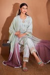 Shop_Bhawna Sethi_Green Pure Cotton Silk Printed Floral Keyhole Lovebird Kurta With Pant _Online_at_Aza_Fashions