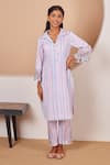 Buy_Bhawna Sethi_Blue Pure Cotton Silk Printed Stripe Shirt Collar Kurta With Pant _at_Aza_Fashions