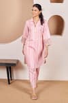 Buy_Bhawna Sethi_Pink Pure Cotton Silk Printed Stripe Shirt Rosella Cutwork Kurta With Pant _at_Aza_Fashions