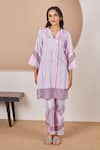 Buy_Bhawna Sethi_Purple Pure Cotton Silk Printed Stripe Finch Cutwork Panel Kurta With Pant _at_Aza_Fashions