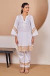 Shop_Bhawna Sethi_White Pure Cotton Silk Printed Stripe Pelican Cutwork Panel Kurta With Pant _at_Aza_Fashions