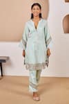 Buy_Bhawna Sethi_Green Pure Cotton Silk Printed Stripe Mandarin Collar Lovebird Kurta With Pant _at_Aza_Fashions