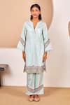 Buy_Bhawna Sethi_Green Pure Cotton Silk Printed Stripe Mandarin Collar Lovebird Kurta With Pant 