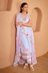 Bhawna Sethi_Blue Kurta Pure Cotton Silk Printed Floral V Neck Bluebird A-line With Pant _Online_at_Aza_Fashions