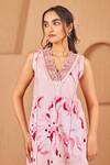 Shop_Bhawna Sethi_Pink Kurta Pure Cotton Silk Printed Floral V Neck Rosella A-line With Pant _Online_at_Aza_Fashions